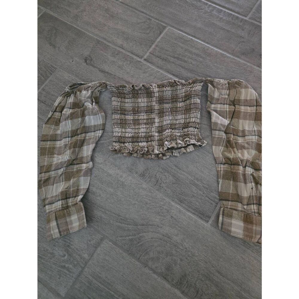 LF Furst of a Kind Reworked Plaid Smocked Long Sleeve Tube Top Crop Top Puff Sho